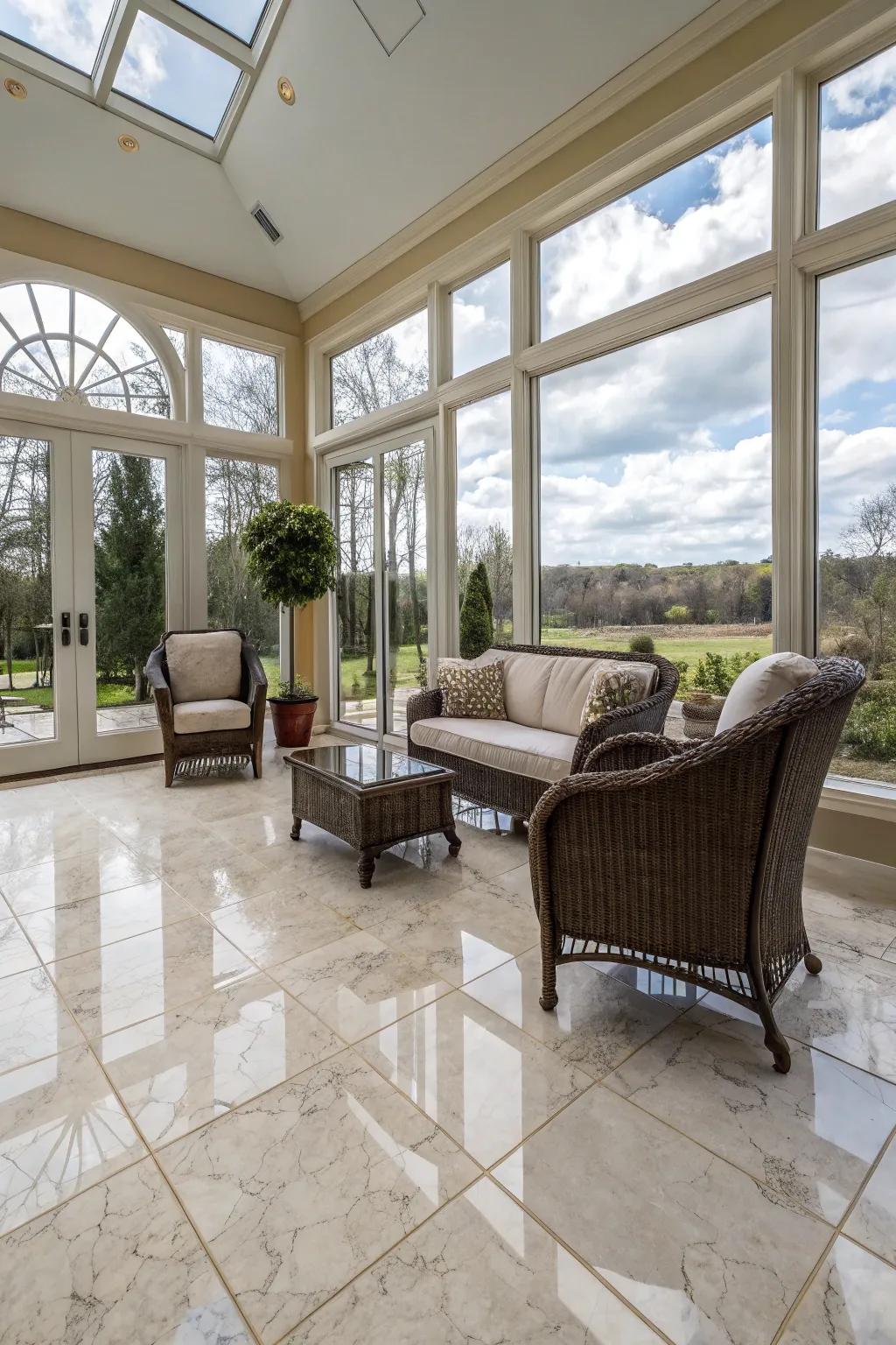 A luxurious sunroom featuring porcelain tile flooring.