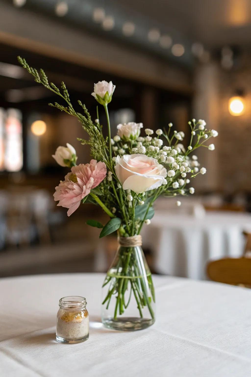 A minimalistic floral centerpiece with few blooms on a table.