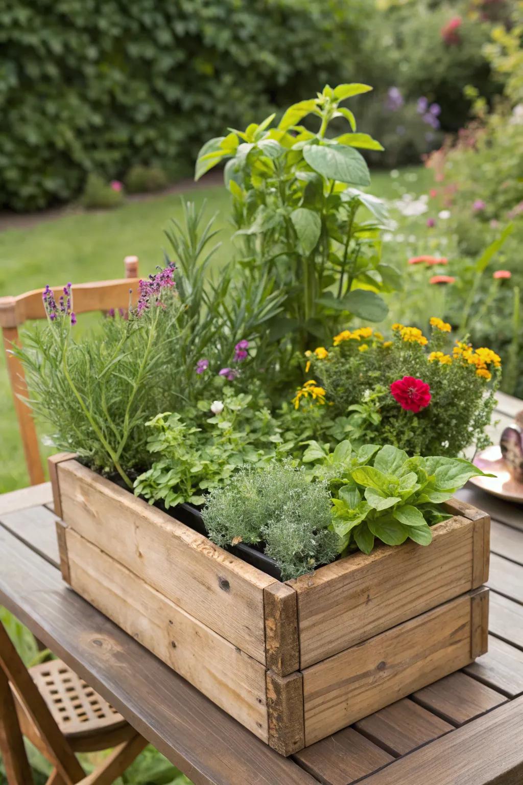 A garden-inspired design presented within a country-style planting box.