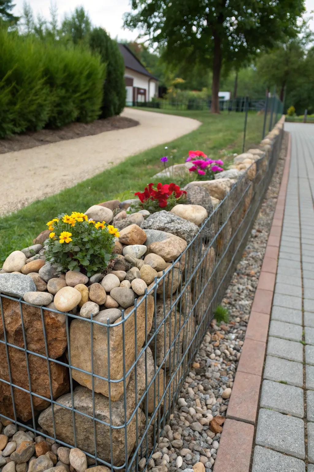 Gabion structures deliver a striking and textured flower bed border.