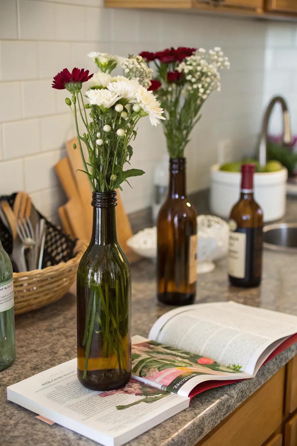 Reimagined wine bottles serve as unconventional vases.
