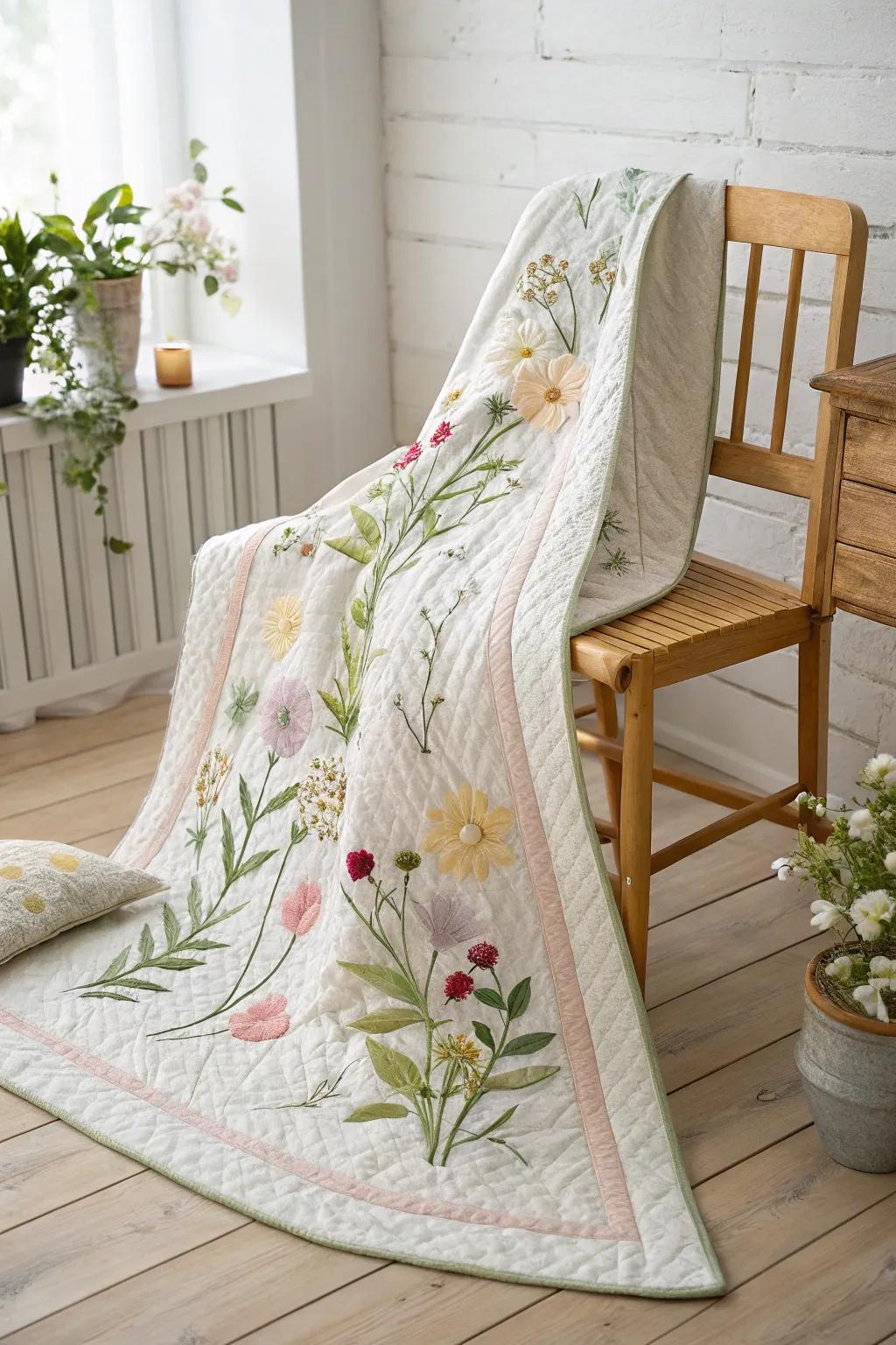 Stroll through a blooming garden with this exquisite garden trail quilt, where simplicity meets natural beauty.