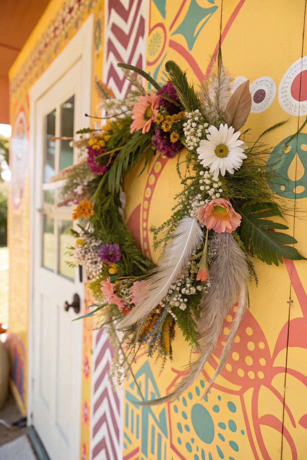Bohemian resonance conveyed through a wreath adorned with feathers and meadow blooms.