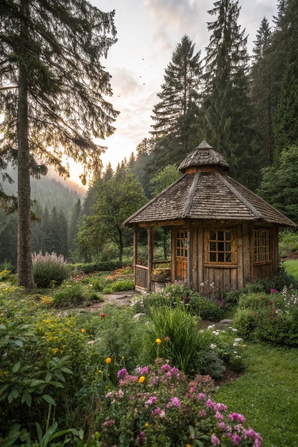 A quaint cabin hideaway nestled in the heart of the garden.