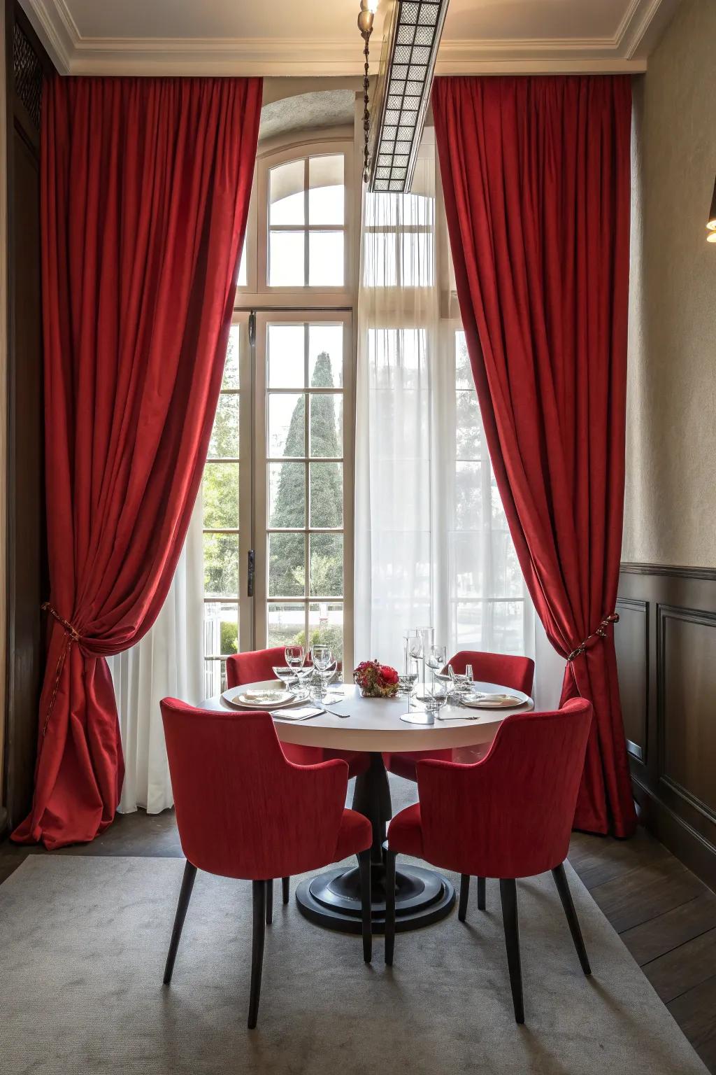 Bold red curtains add drama and personality to this dining room.