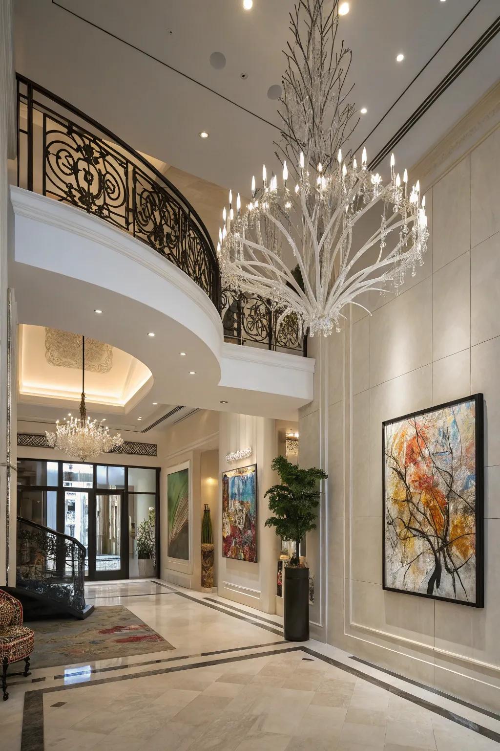 An art-inspired chandelier brings a daring statement to this contemporary foyer.