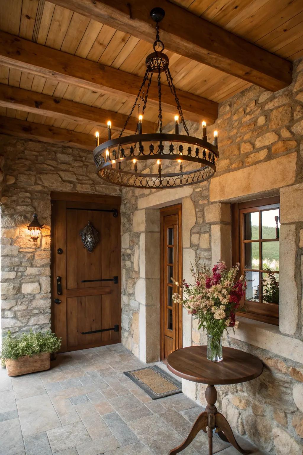 Country lighting accentuates the farmhouse vibe.