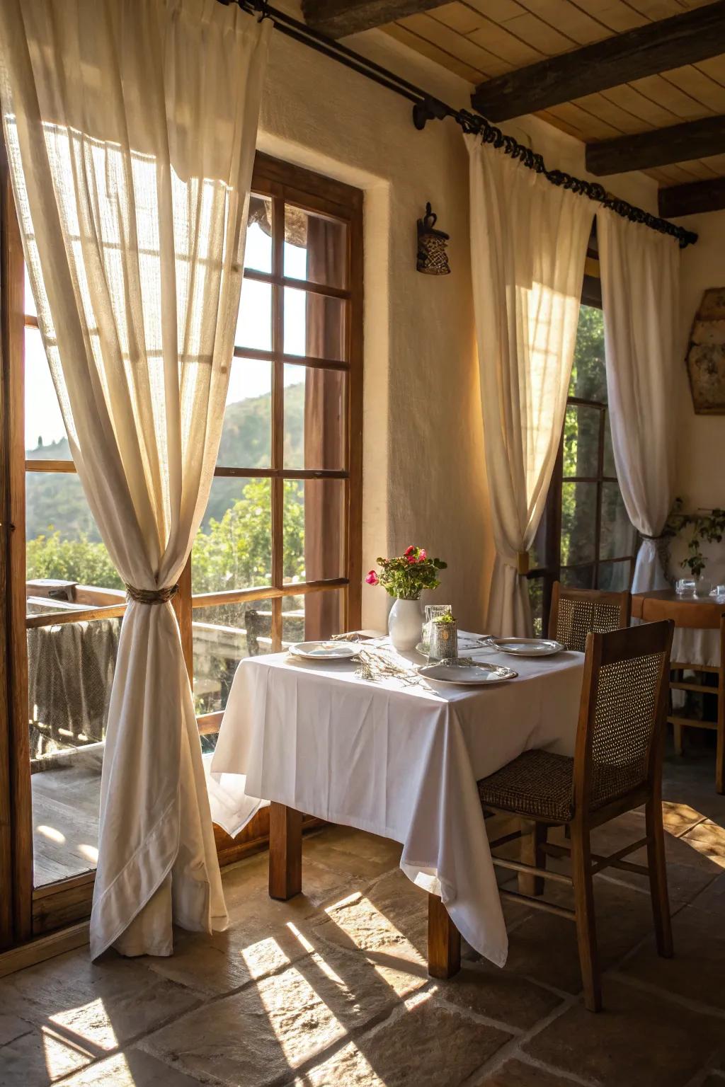Linen drapes and a cotton tablecloth adding sophistication to a dining area.