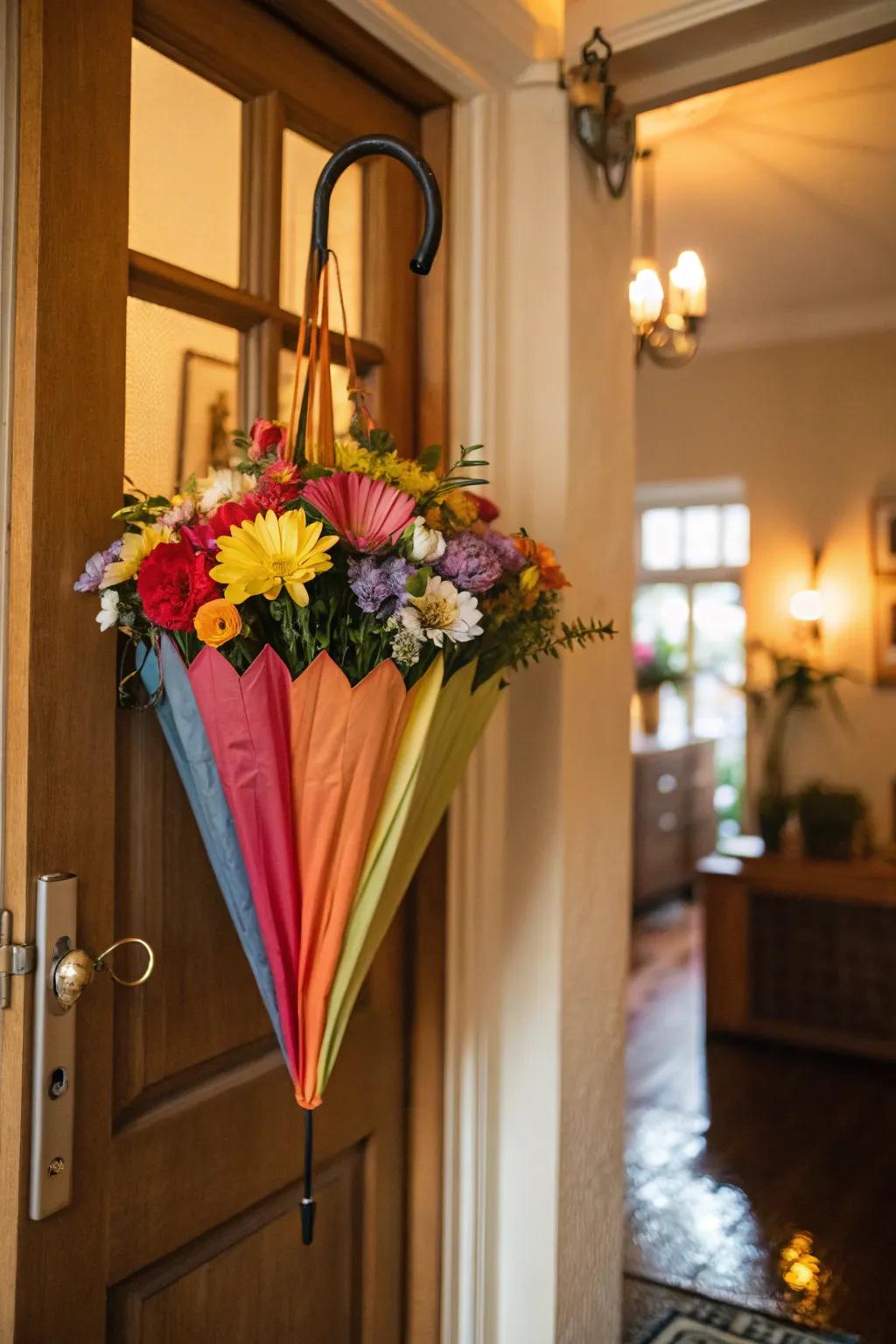 A whimsical umbrella wreath, adding a playful splash of joy to your entrance.