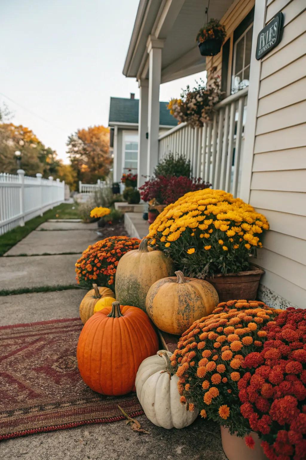 Pumpkins and blooms fashion a vibrant, welcoming porch display.