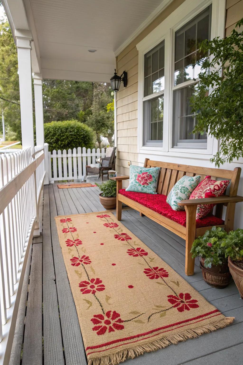Neutral tones with colorful touches balance your porch.