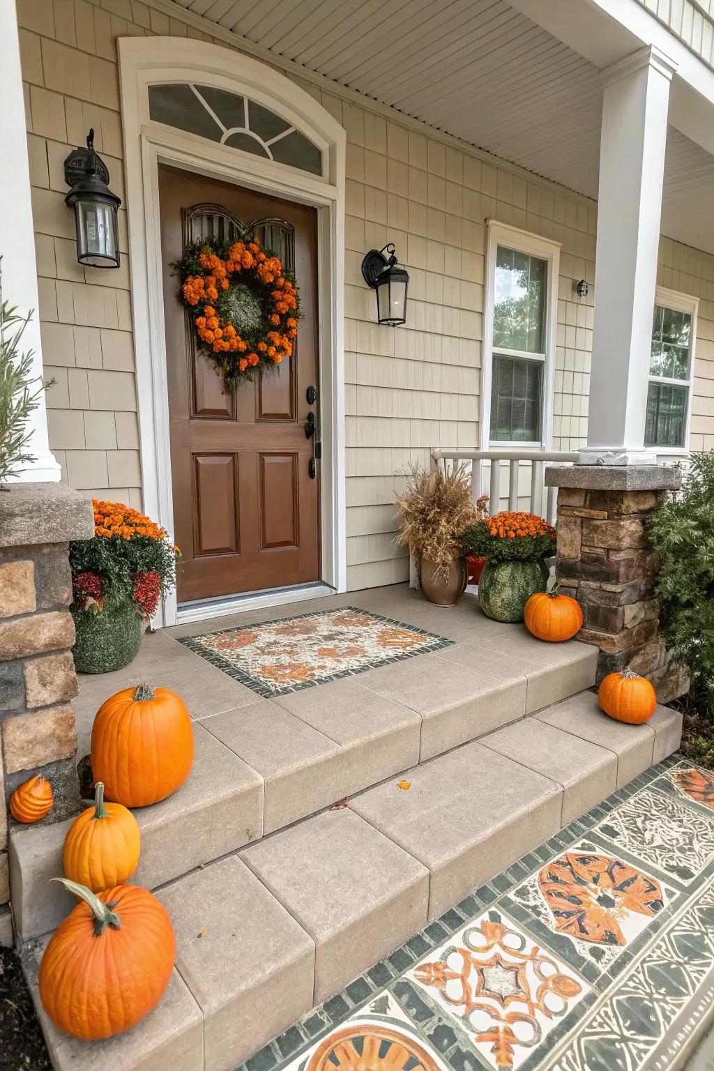 Festive decor introduces a seasonal accent to your porch slabs.
