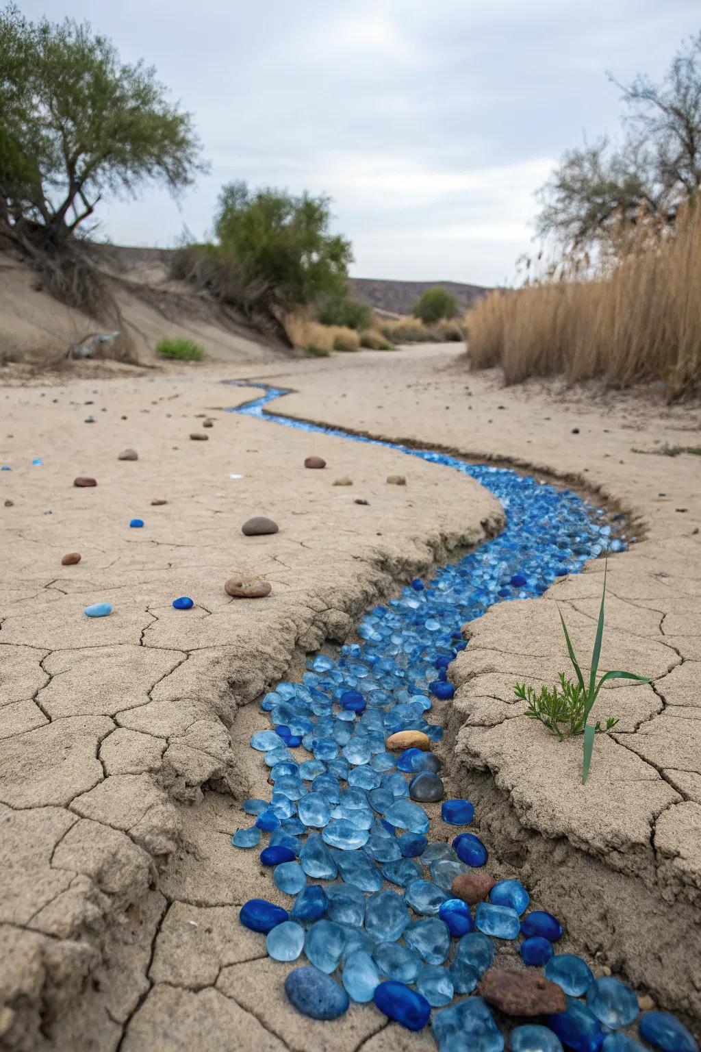 Blue clear rocks mirror the visual of flowing water inside your faux stream bed.