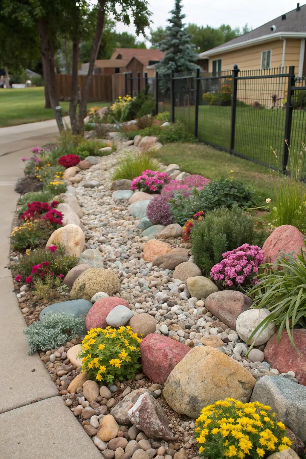 Hued elements contribute a playful impression to the garden.