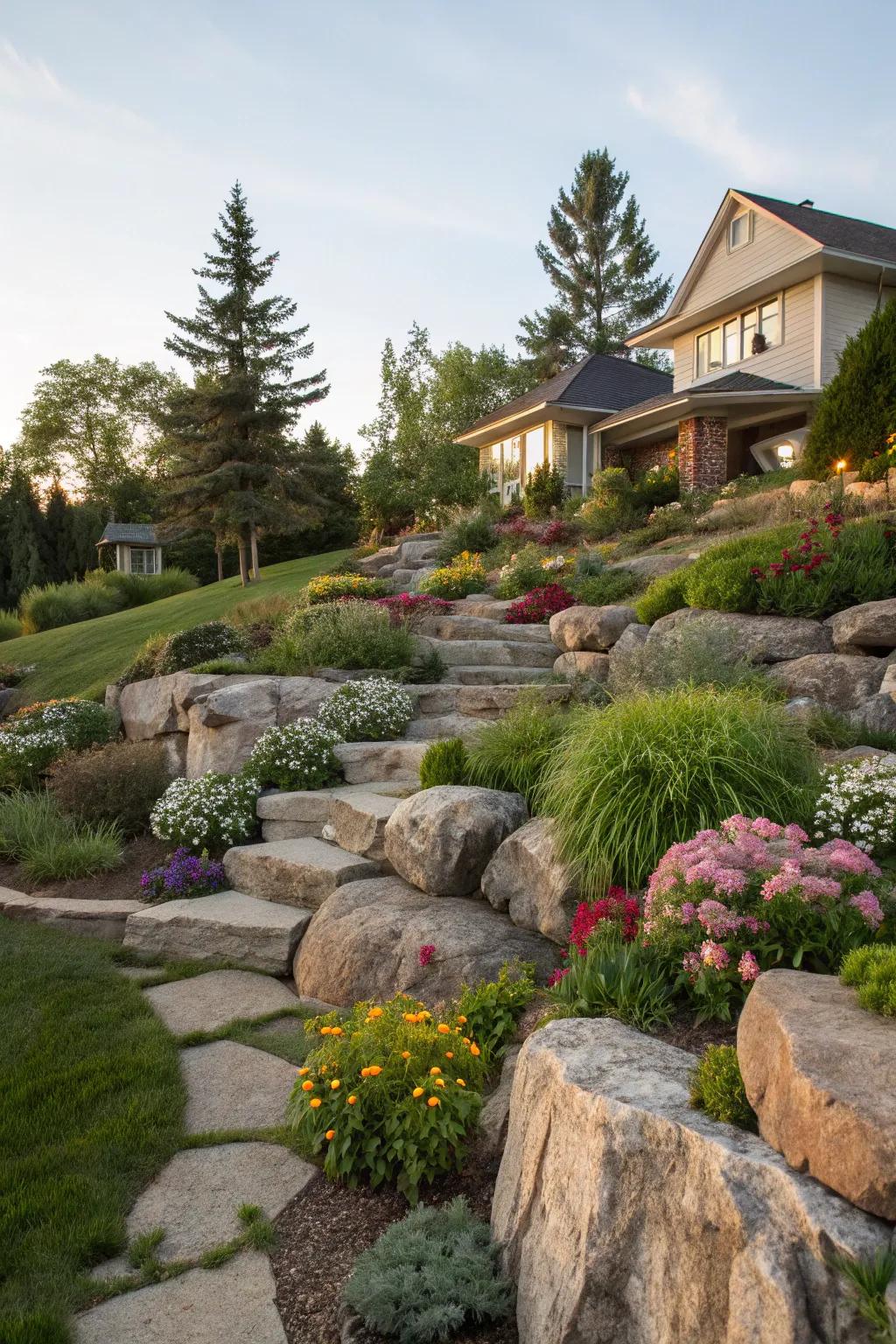 Add measurement with tiered garden designs that incorporate large stones.