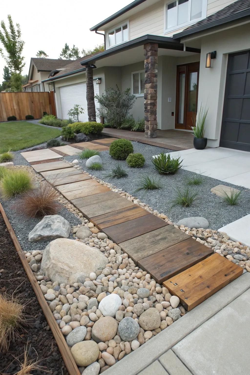 Varied textures with gravel, wood, and stone impart dimension to contemporary landscapes.