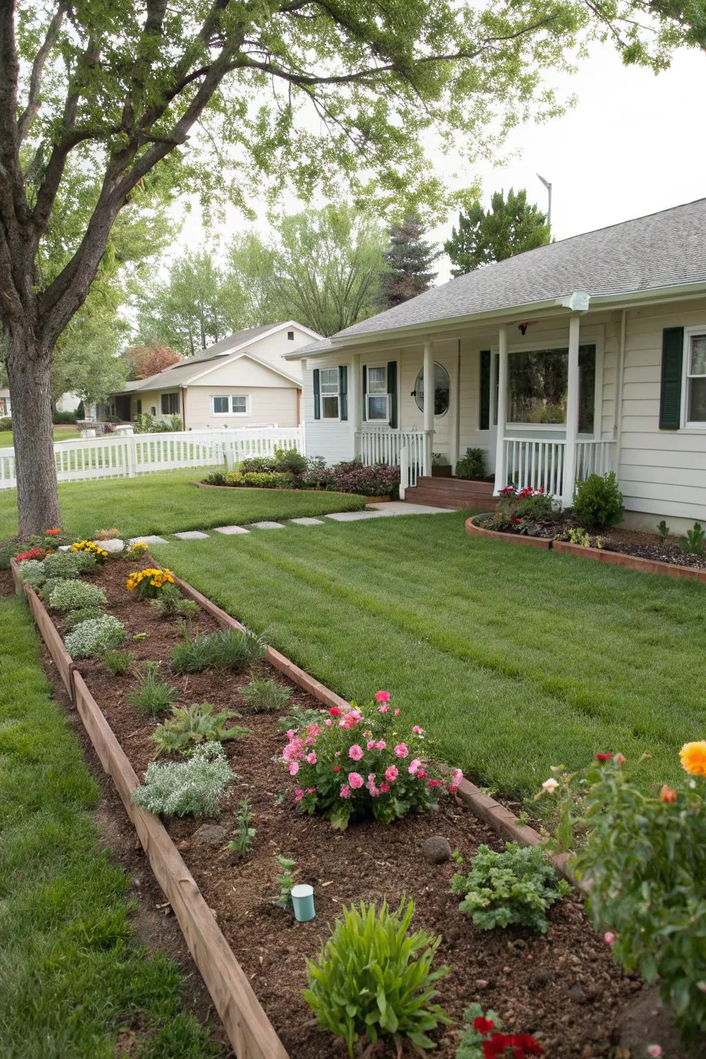 Well-mulched garden beds for a polished front yard