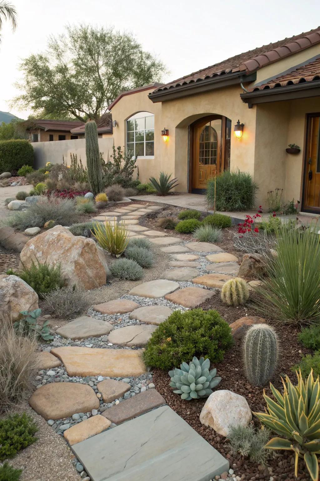 Stone-laid pathways provide both directional guidance and aesthetic charm in xeriscape gardens.