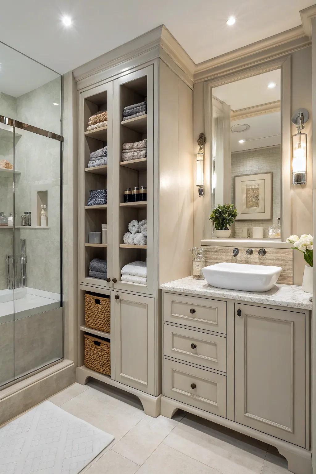 A bathroom featuring ingenious storage modalities enriching its organizational attributes.