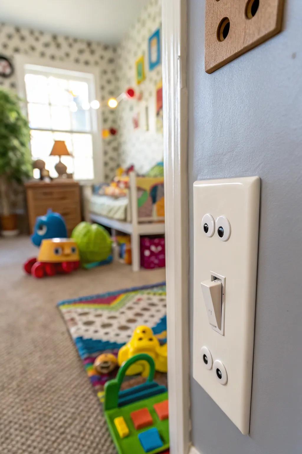Googly eyes on a switch plate for a playful vibe.