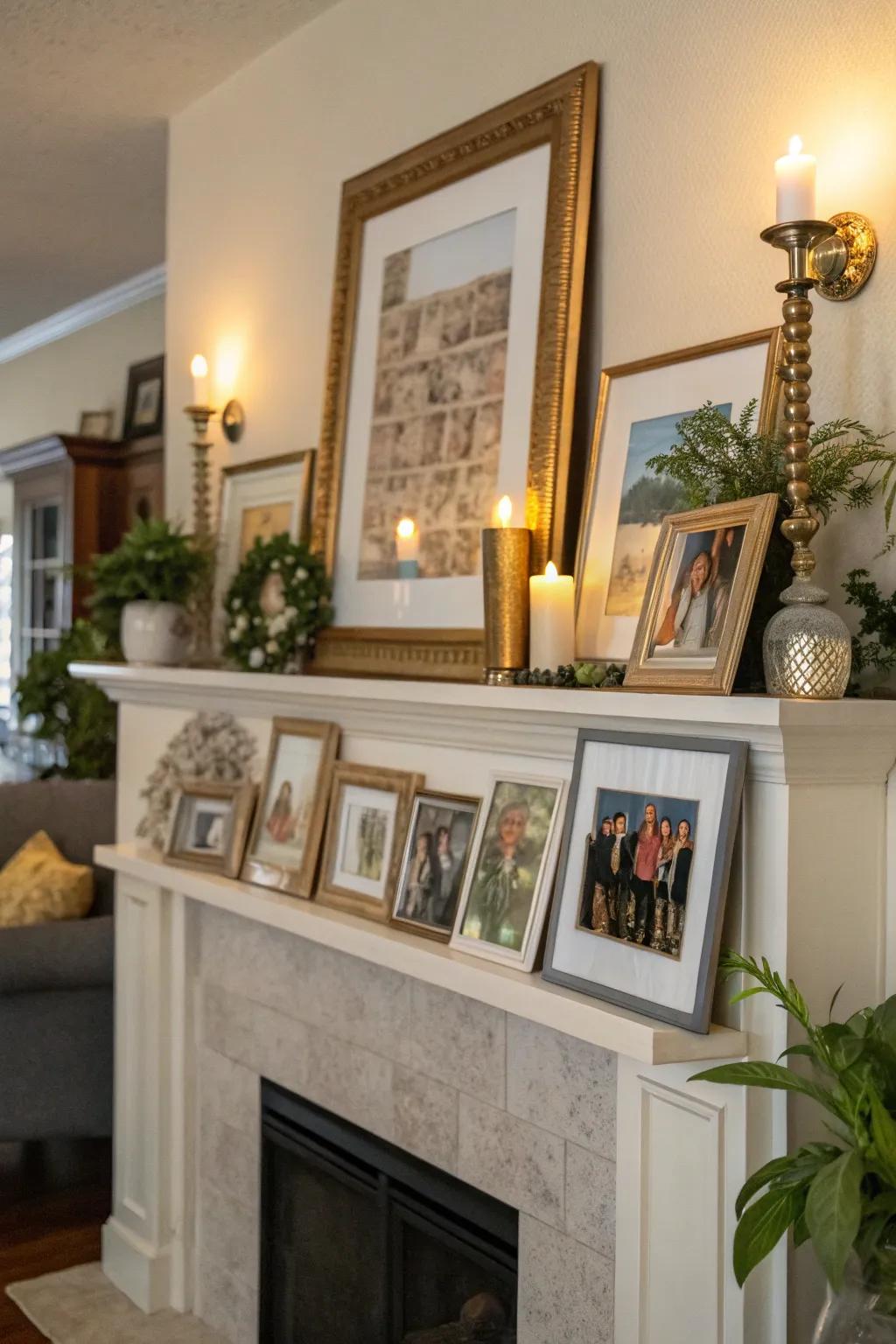 Overlapping frames evoke layering and texture on a mantel.