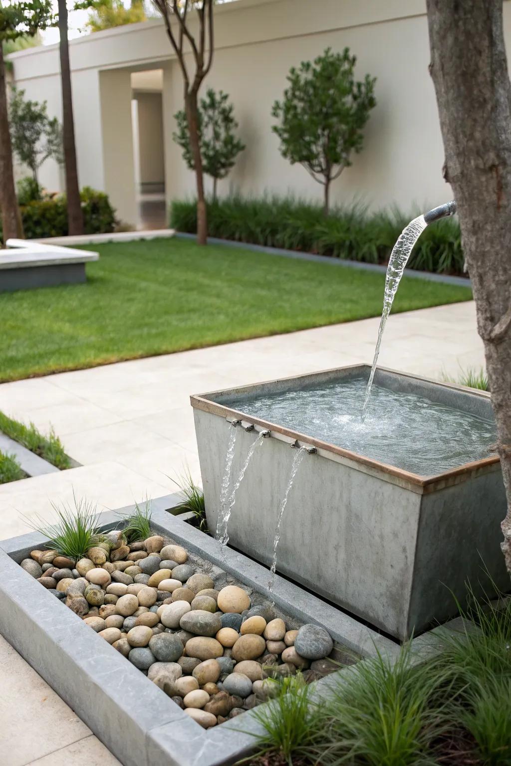 A modern spout converts a weathered basin into a minimalist fountain.