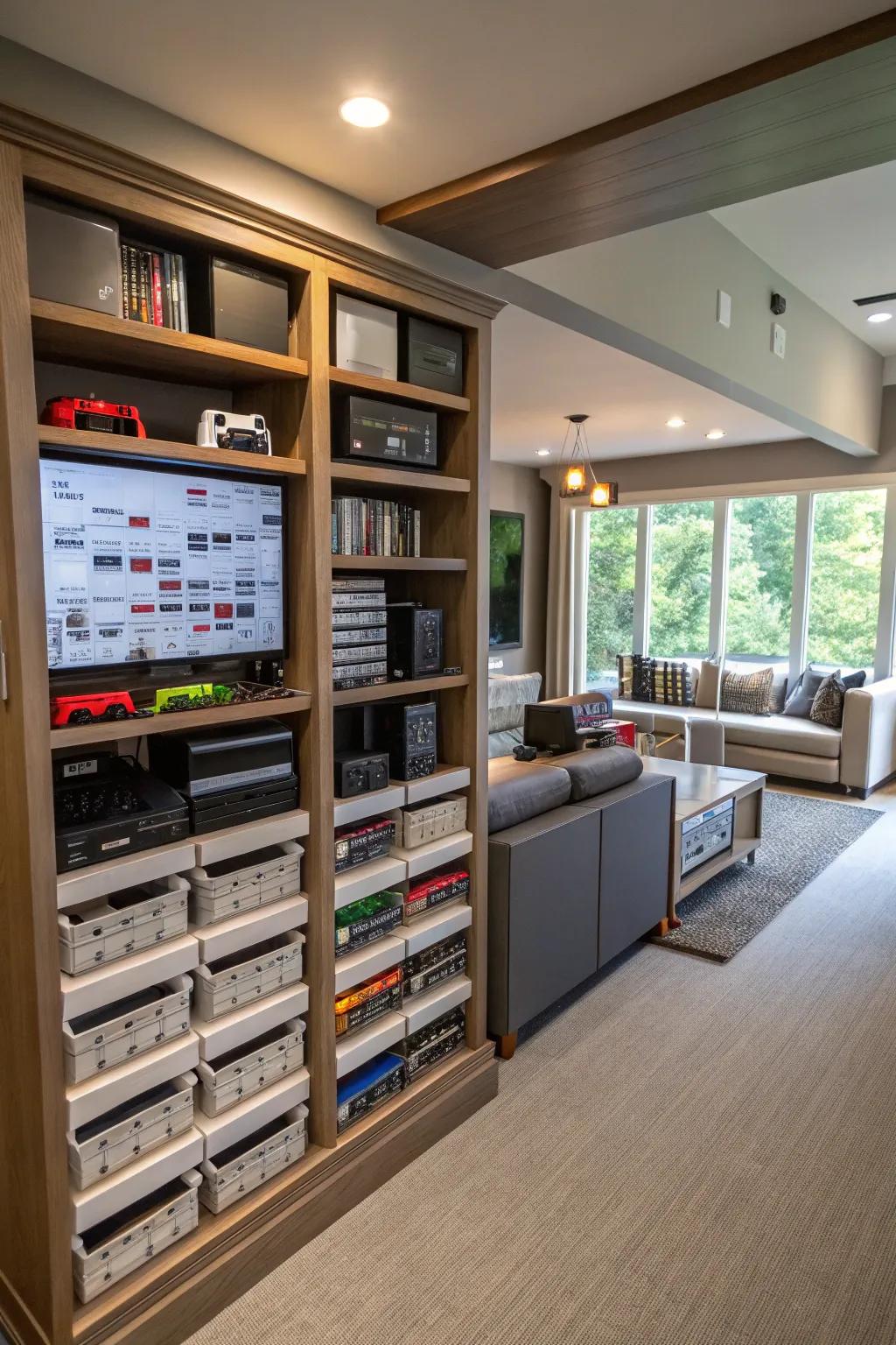 Inventive storage solutions assist in maintaining a neat gaming space.