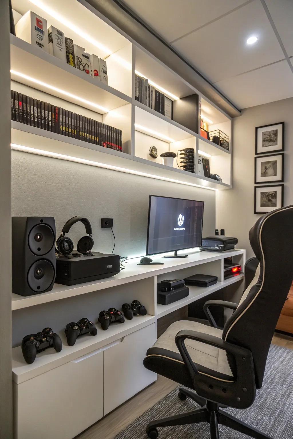 Showcase your gaming extras as a component of your room's aesthetic.