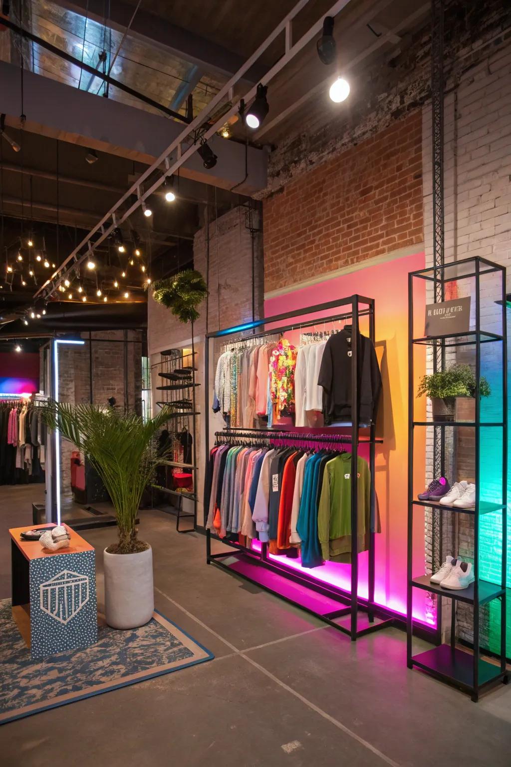 A garage boutique that includes a flexible pop-up concept setup.