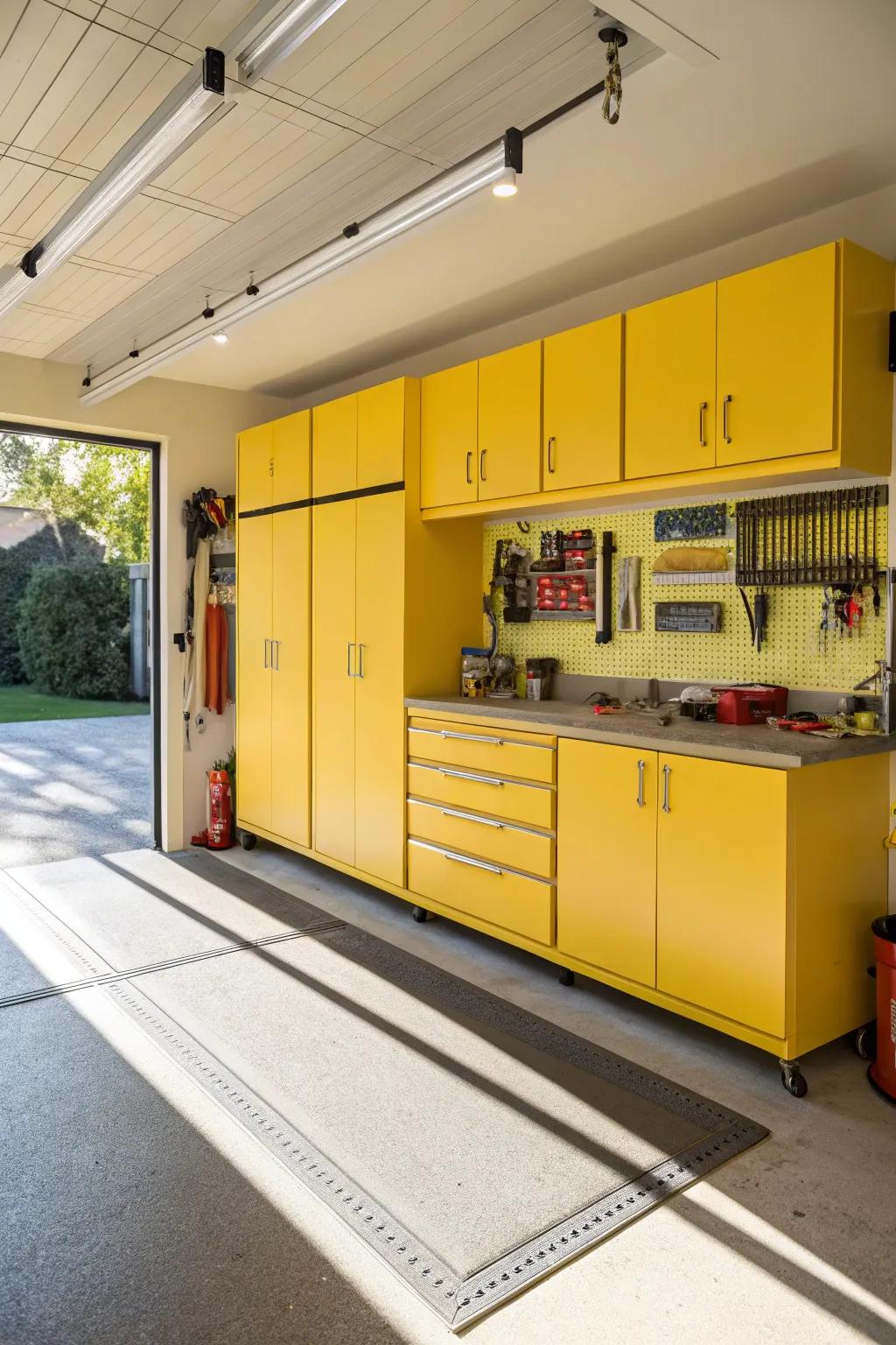 Bright gold fixtures bring joy and brightness to this garage.