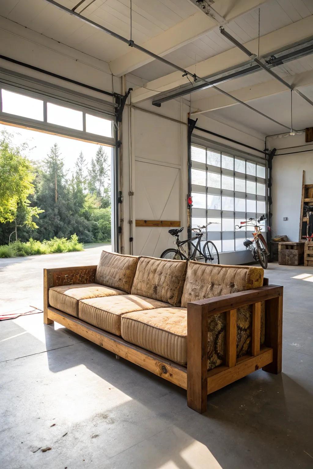 Outdoor-inspired seating introduces relaxation and adaptability to your garage.