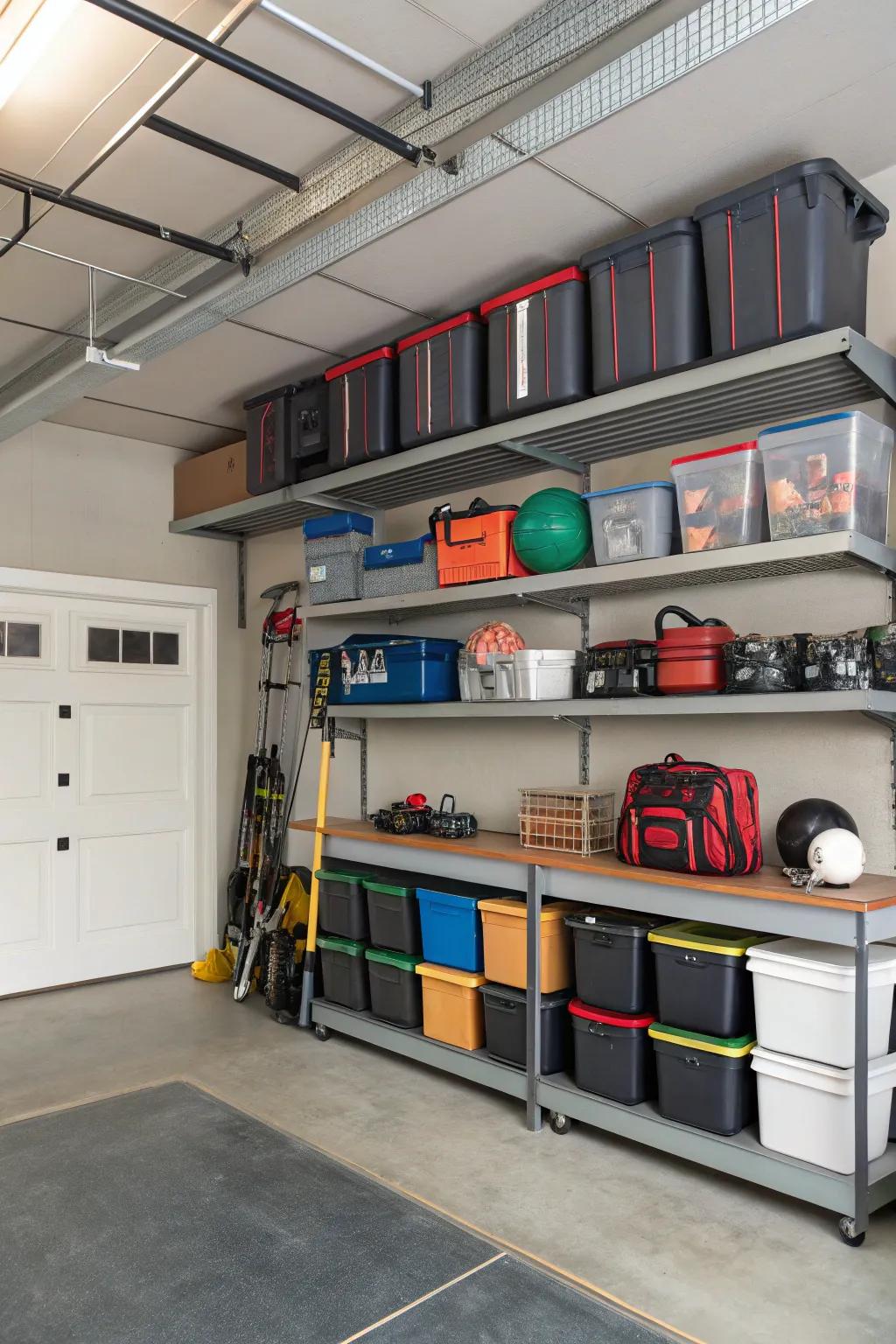 Maximize storage by using overhead racks.