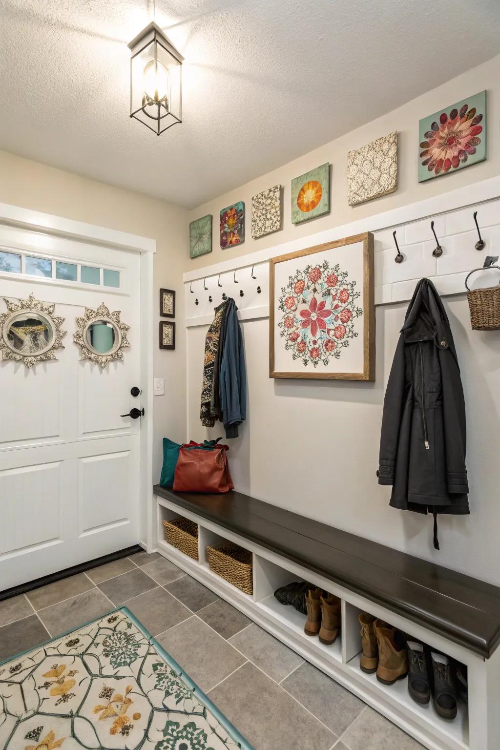 Include personality to your mudroom with imaginative wall ornaments.