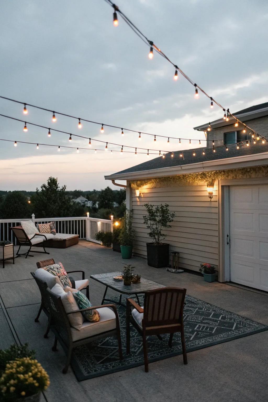 A fashionable sky deck transforms a garage into a gathering sanctuary.