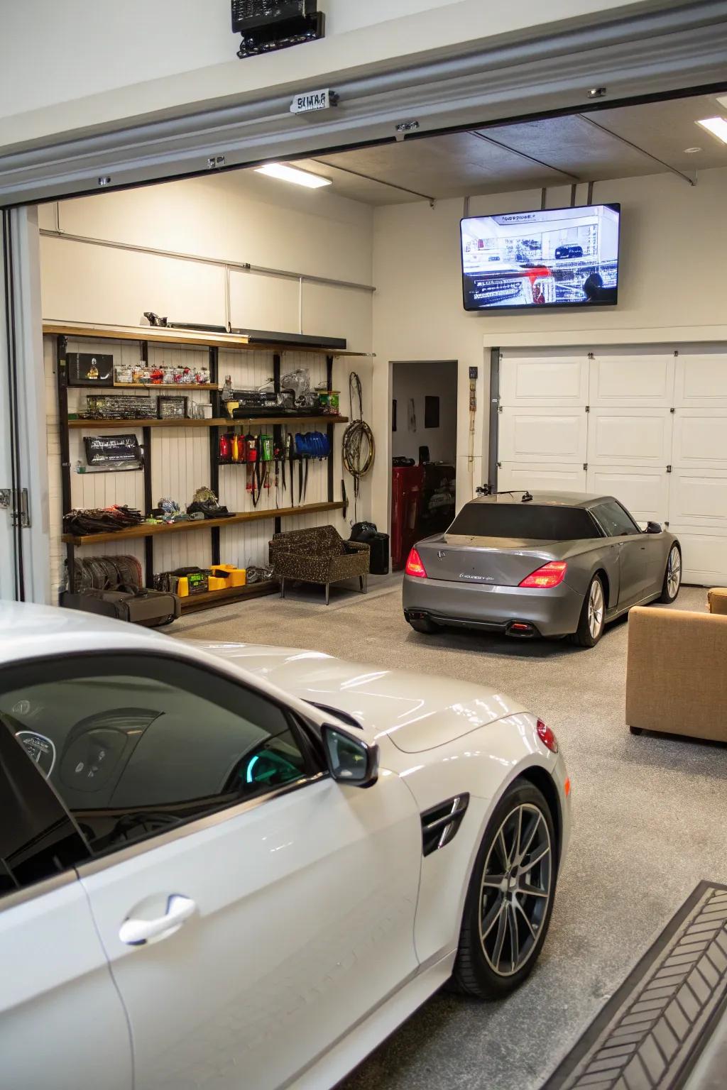 Fuse car storage with entertainment by adding a TV to your garage setup.