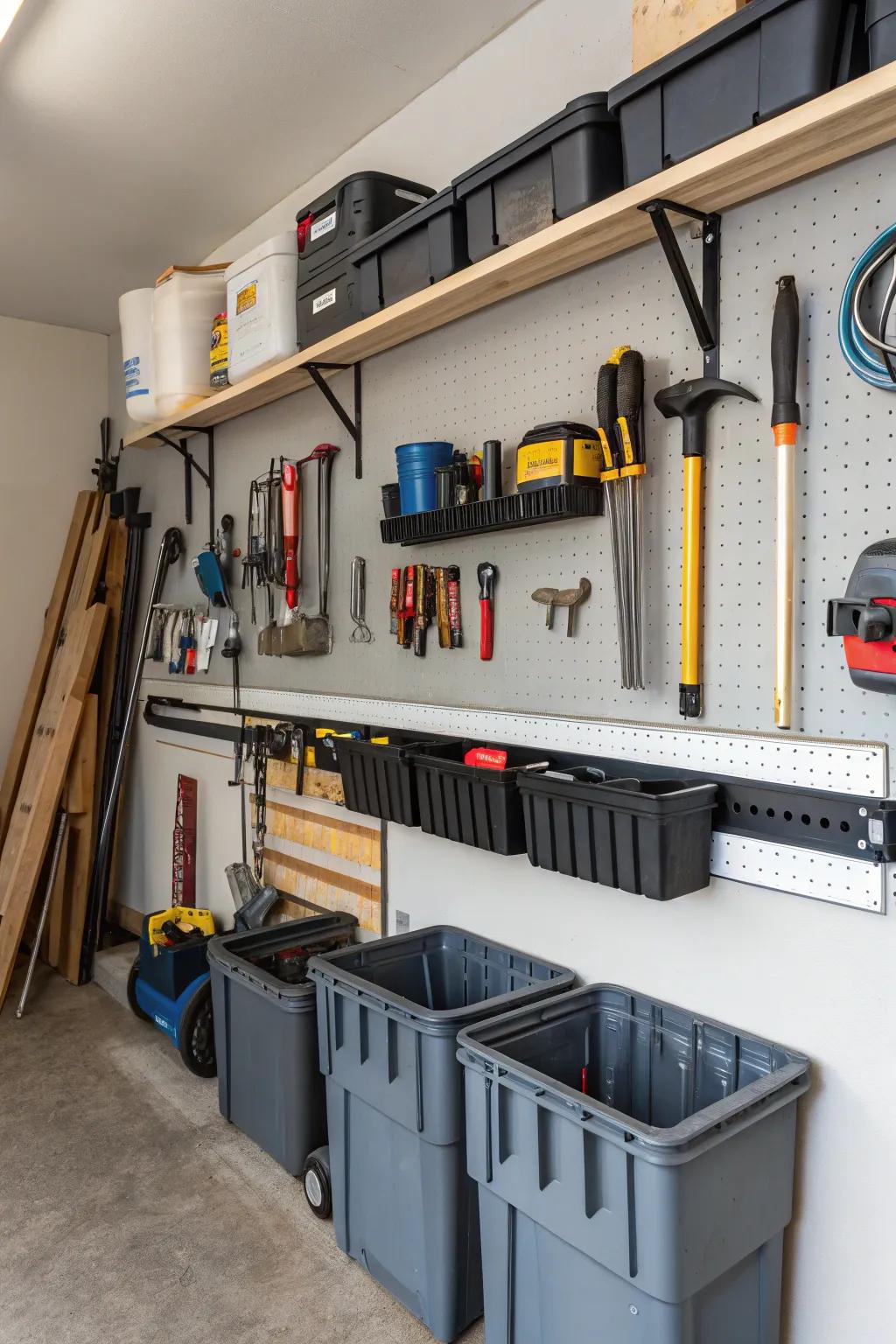 Track rail systems present adaptable stowage options for garage walls.