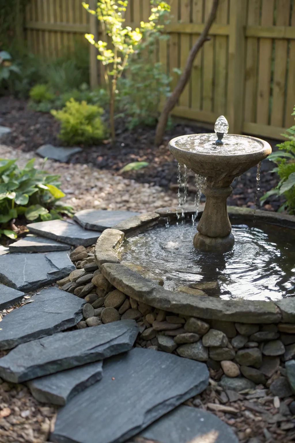 Elevate your garden with a serene water display framed by stone shards.
