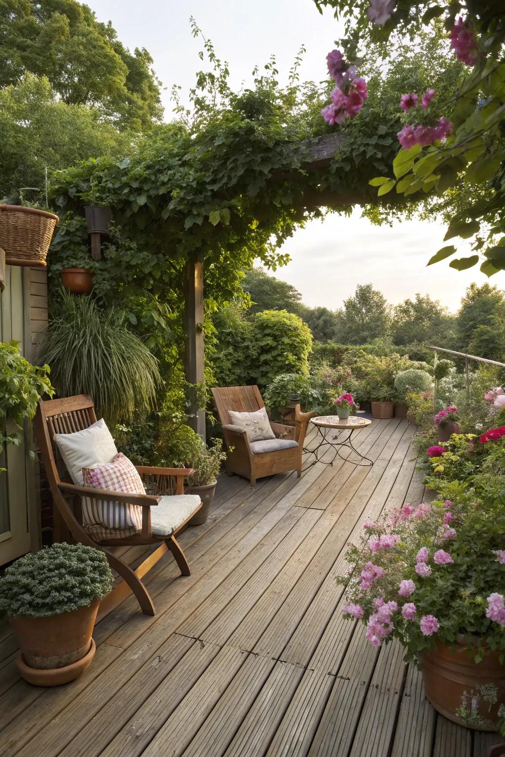 A relaxing garden deck with timber flooring and cozy seating surrounded by rich plants.