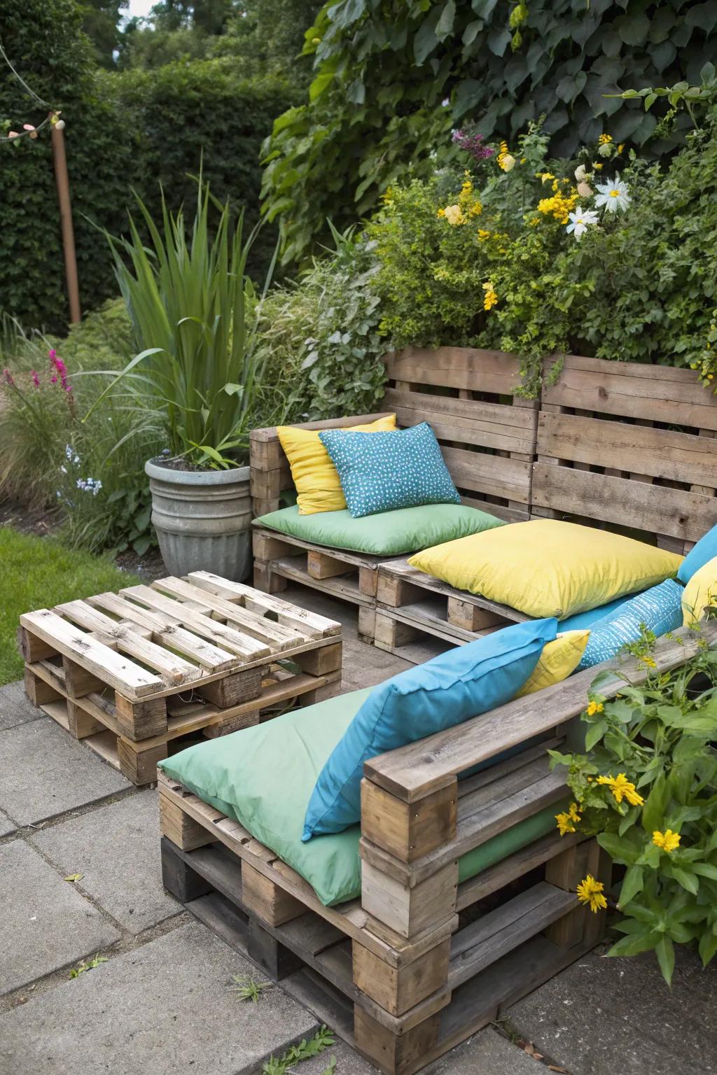 DIY pallet seating provides comfort and style on a budget.