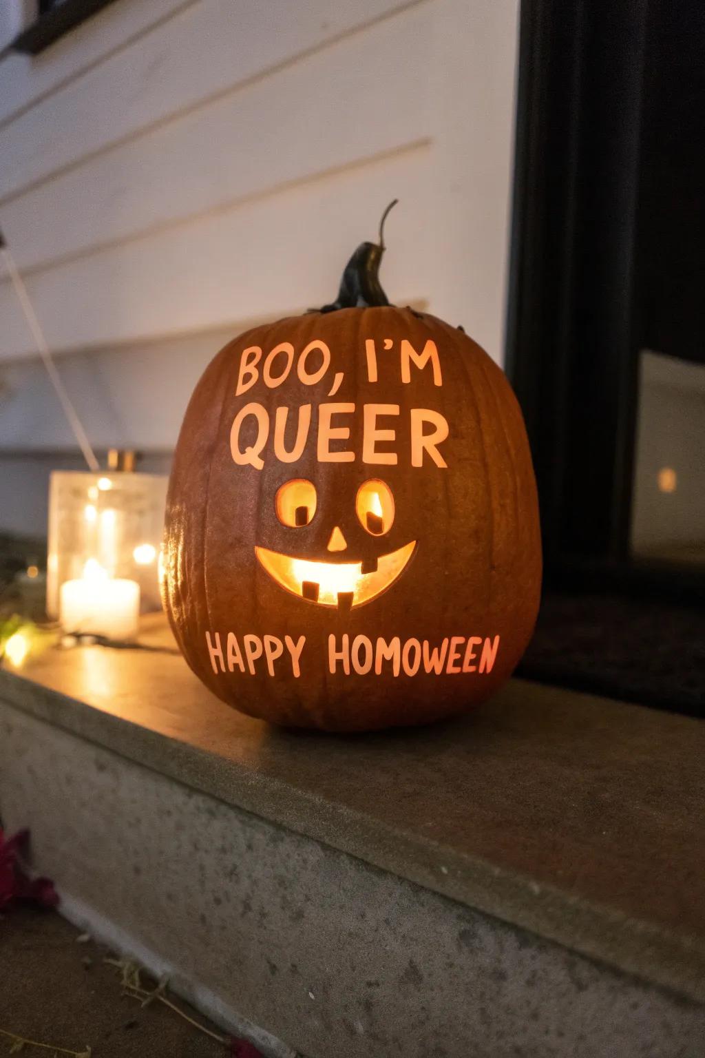 A gourd with intelligent inscriptions, delivering laughs and pride to Halloween festivities.