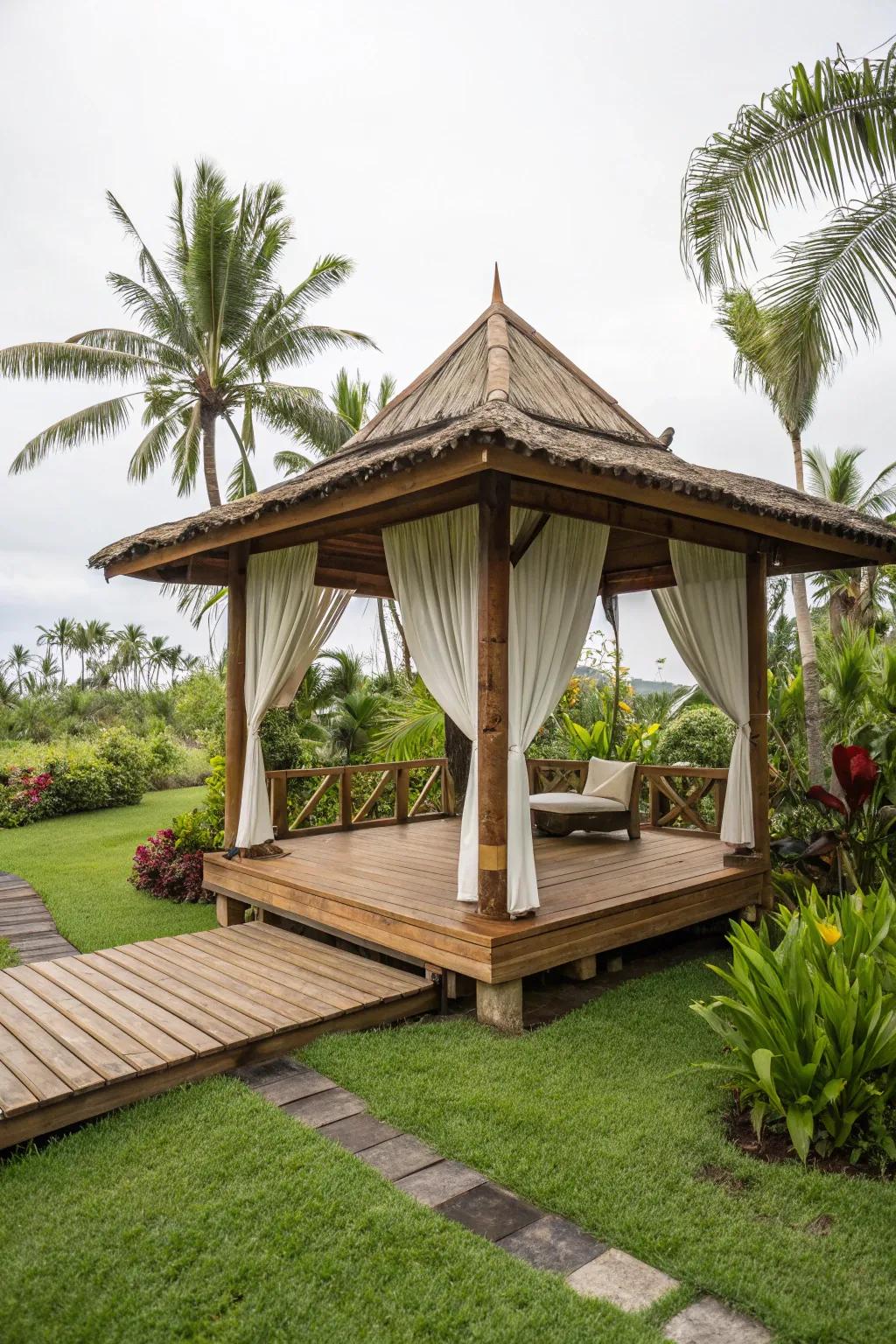 Pressed bamboo planks introduce an exotic flair and eco-friendly appeal to any gazebo.