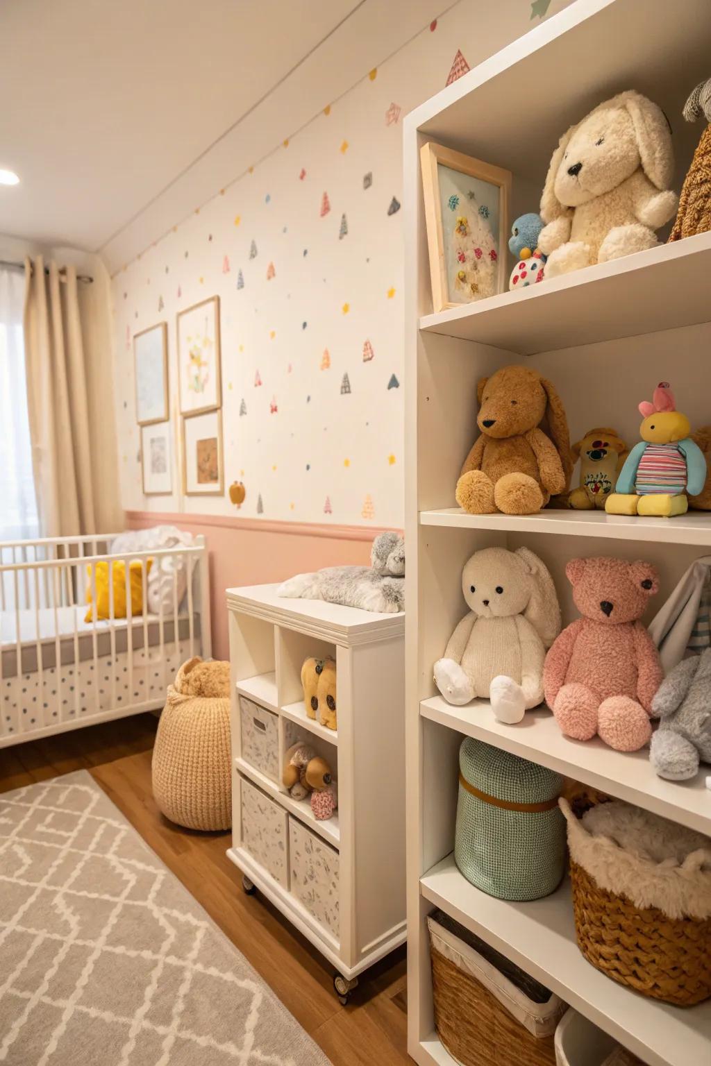 Stuffed toys infuse the nursery with warmth and persona.