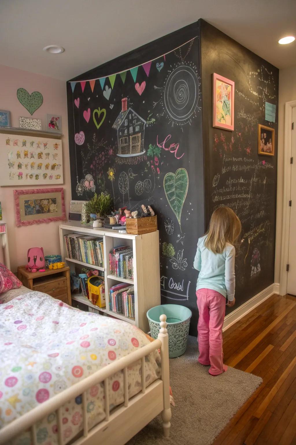 A chalkboard surface encourages creativity and personal expression.