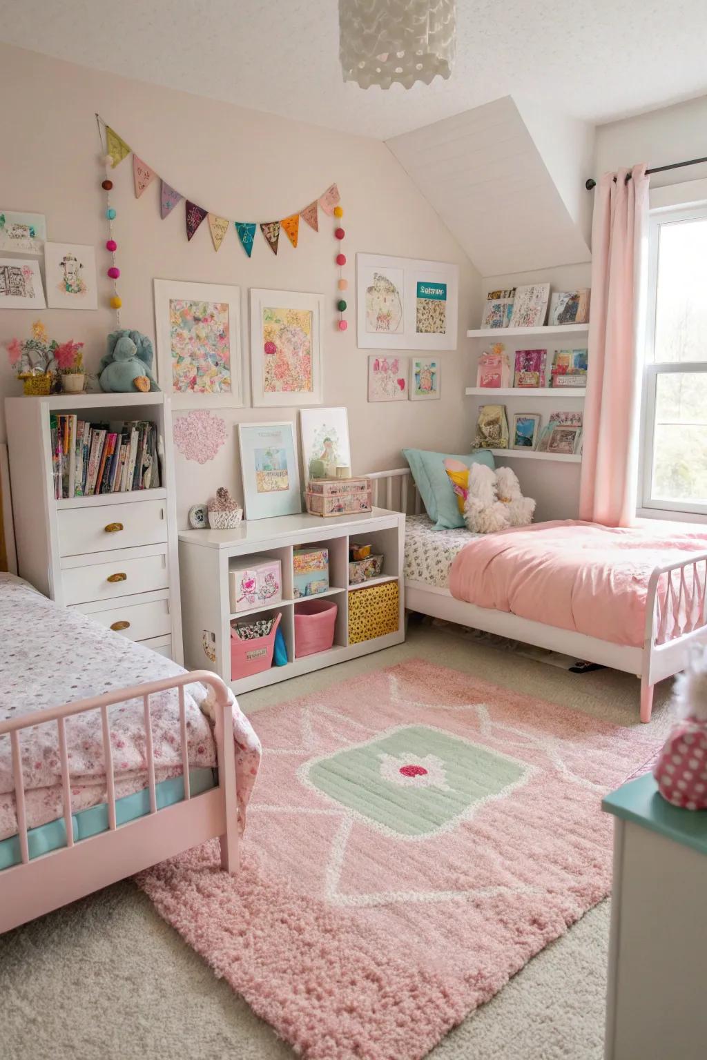 Soft floor covers add warmth and help mark spots in a shared room.