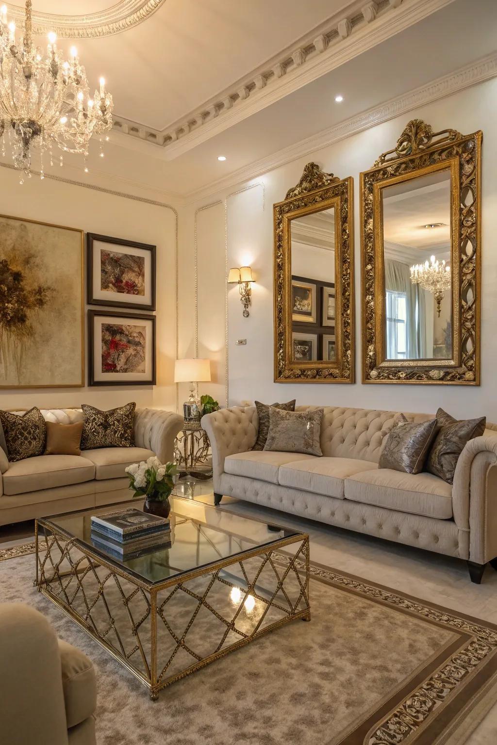 A bright living space with looking-glasses enhancing illumination and area.