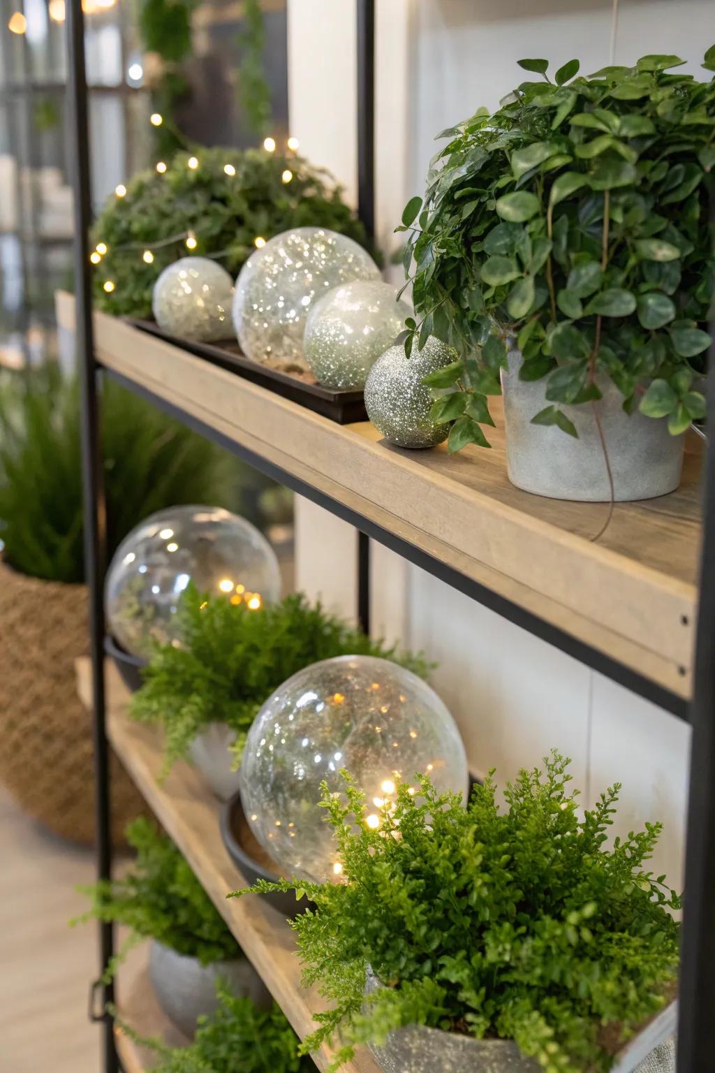 Welcome the outdoors with glass orbs and greenery.