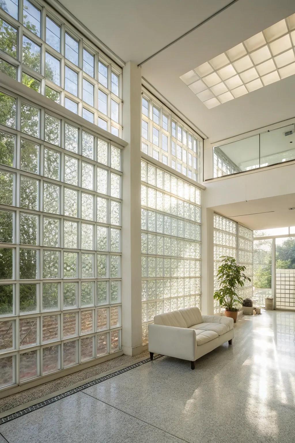 A bright indoor area with transparent block structures, amplifying the stream of natural light.