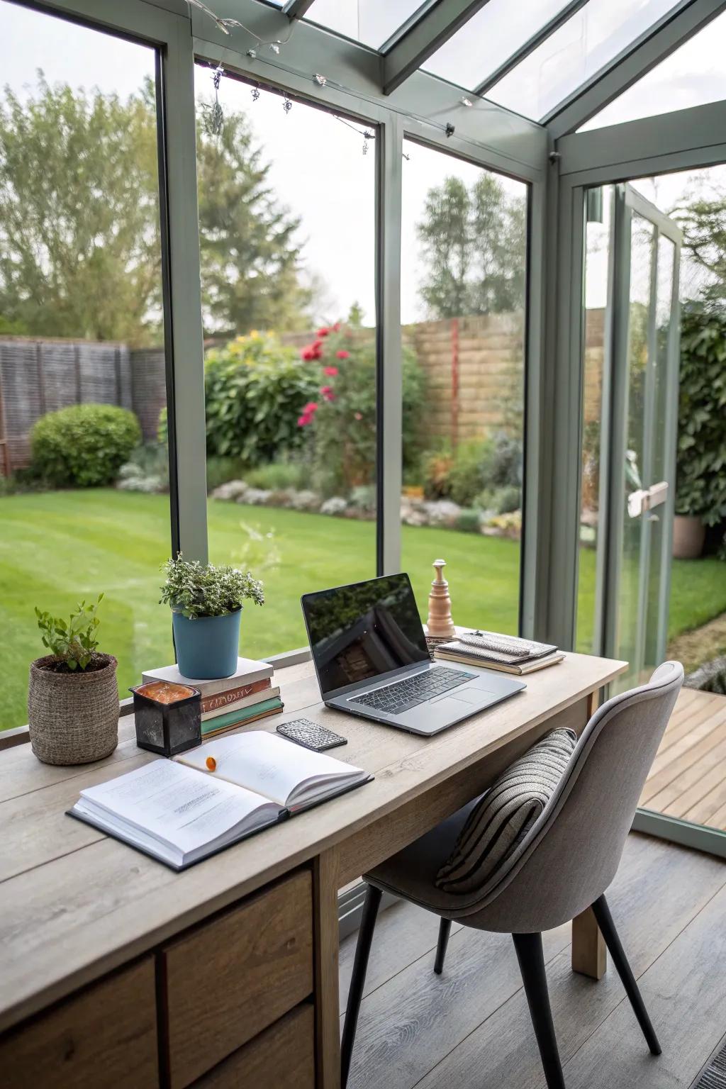 A serene home office boasting inspirational garden views.