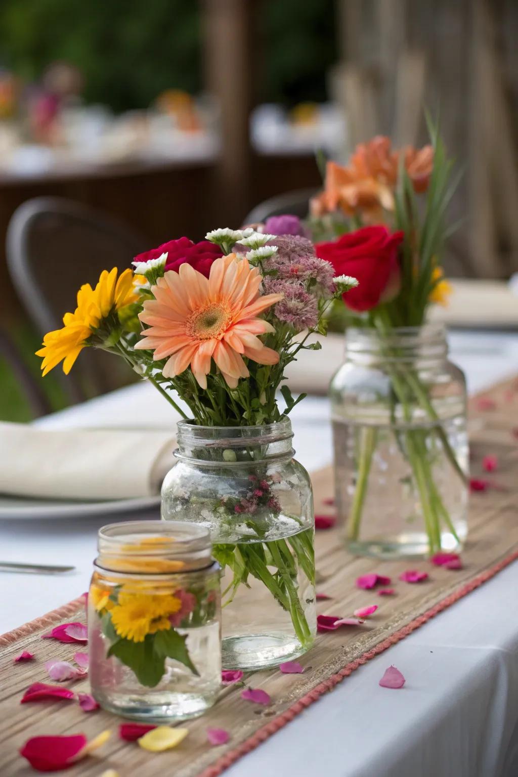 Drifting blossoms within containers generate captivating table focal points.