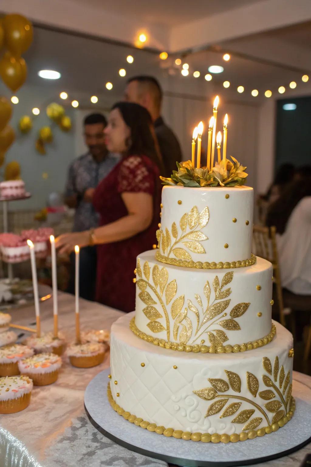 An awe-inspiring layered confectionery featuring gilded embellishments.